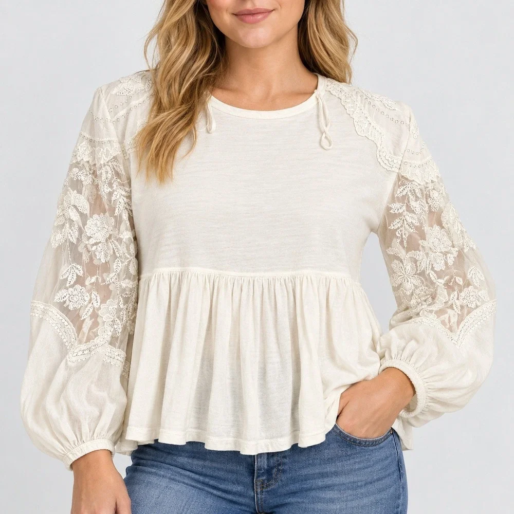 Free People White Lace Embroidered Peplum Long Sleeve Boho Blouse Womens Medium